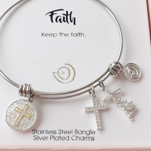 LoveThisLife KEEP THE FAITH Expandable Bangle Charm Bracelet Stainless Steel NIB - Picture 3 of 5